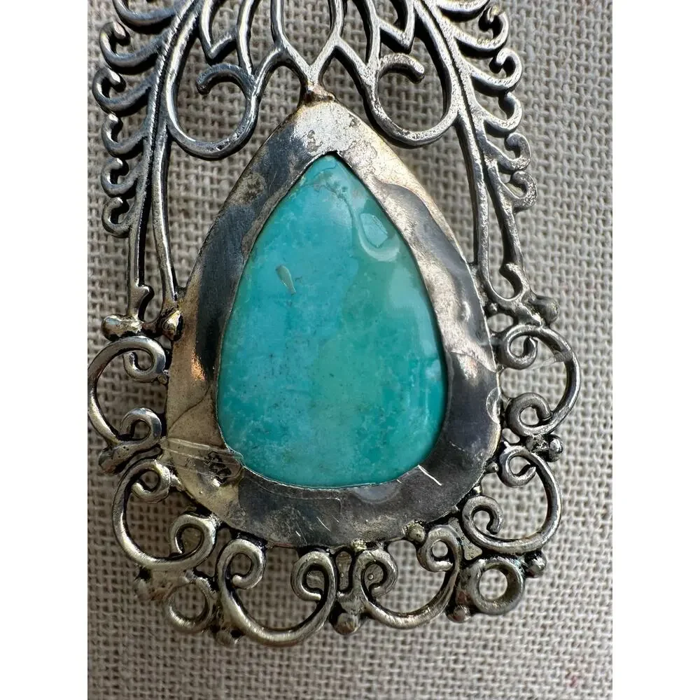 Sterling 925 Turquoise Teardrop Handmade Rustic Pendant Large Ornate Southwest
